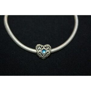 Pandora Openwork Heart Blue Spinel Charm Women Silver Filigree Bead Teal